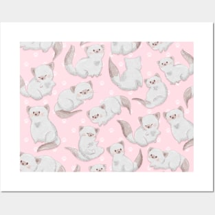 White Kitty Cat Patten and Paw Prints on Pink Posters and Art